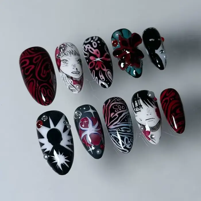 24 faux ongles amande style gothique et bande dessinée avec colle