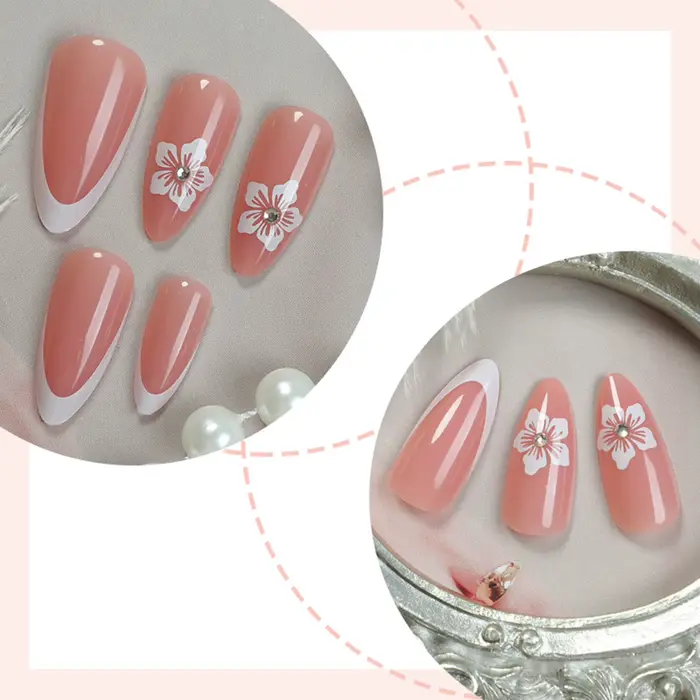 24 pièces couleur rose chair presse sur ongles amande blanc pointe française faux