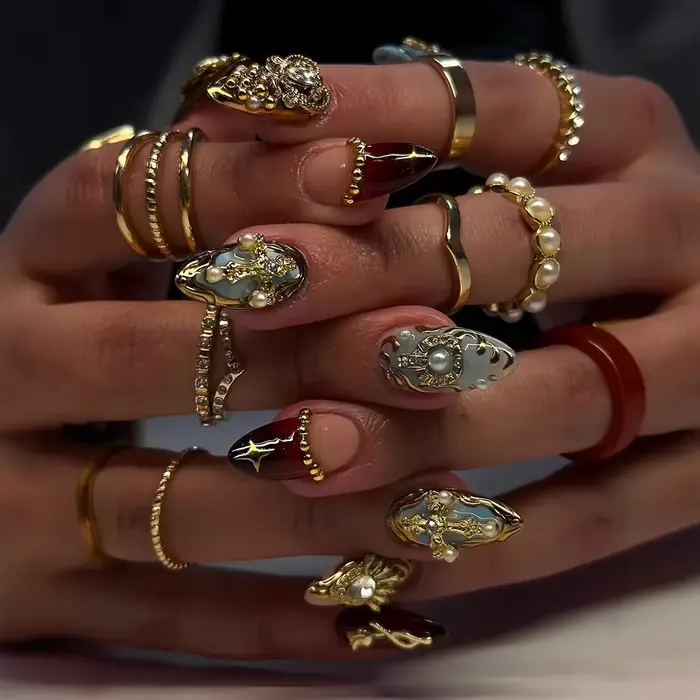 24 pièces amande dorée presse sur ongles faux