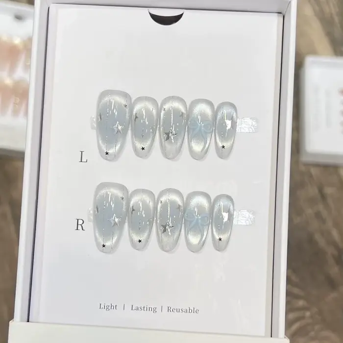 10pc oeil de chat amande à la main presse sur les ongles bleu clair arc faux ongles faux ongles ongl