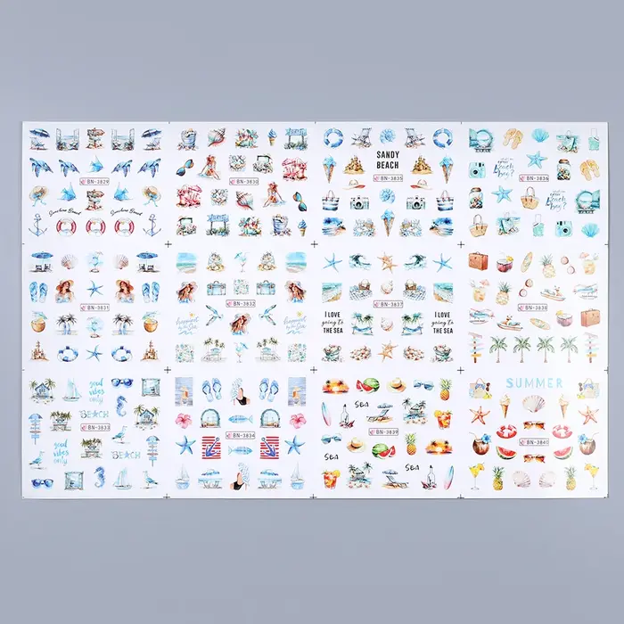 12 Motifs Autocollants Ongles Thème Océan Estival Coquillages Étoiles de Mer Méduses Décoration Manucure Transfert à l'Eau