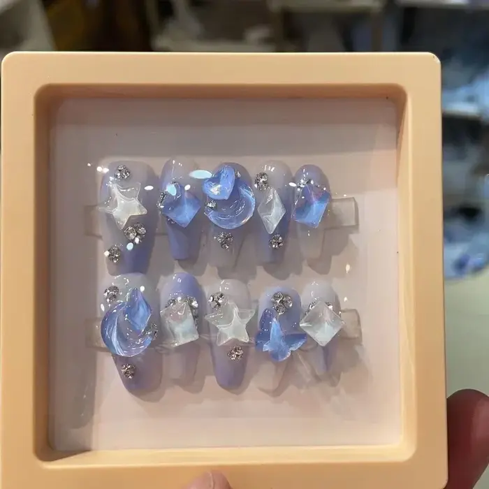 Halo Bleu Faux Ongles Star Lune Nail Patch Diamant