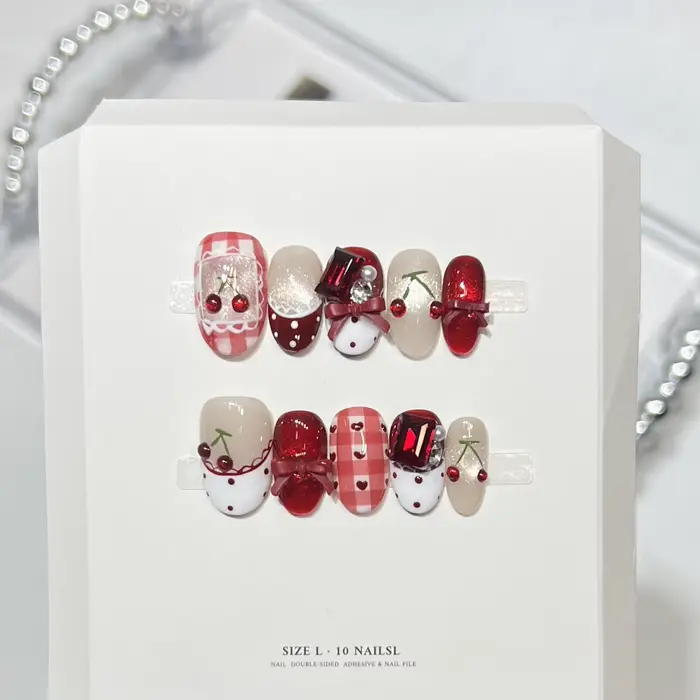 10 pièces doux Cool amande fait à la main faux ongles rose Plaid cerise nœuds papillon conceptions presse sur les ongles fée Ballet portable faux ongles