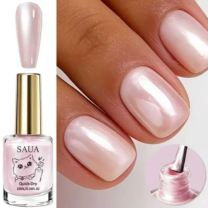 Vernis à ongles nacré rose ; séchage rapide, pas de lampe nécessaire, formule longue durée ; ajoute une brillance nacrée et illumine les ongles.