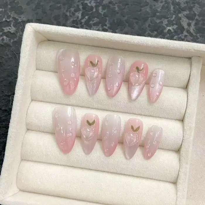 Presse à la main sur les ongles Ins doux rose bleu couleur faux ongles pour les filles portable 3D c