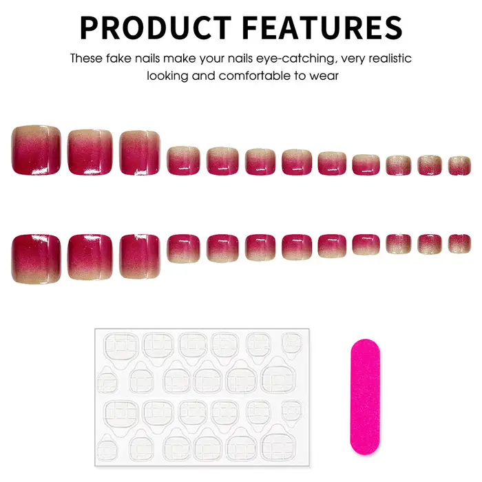 24 faux ongles de pieds effet œil de chat dégradé rose rouge