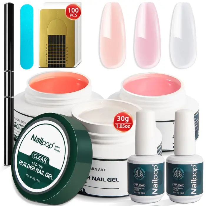 NAILPOP constructeur ongles Gel ensemble 3 couleurs de base Kit d'extension d'ongle clair nu rose renforcer Gel avec brosse 100 pièces formes d'ongles bricolage