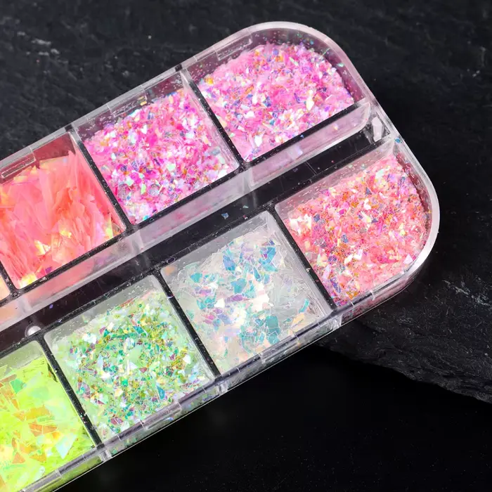 12 grilles Aurora caméléon ongles paillettes flocons irréguliers cristal verre