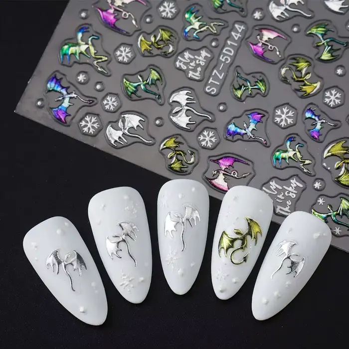 1/2 pièces 5D en relief métallique coloré Dragon ongles autocollants flocons de neige auto-adhésif b