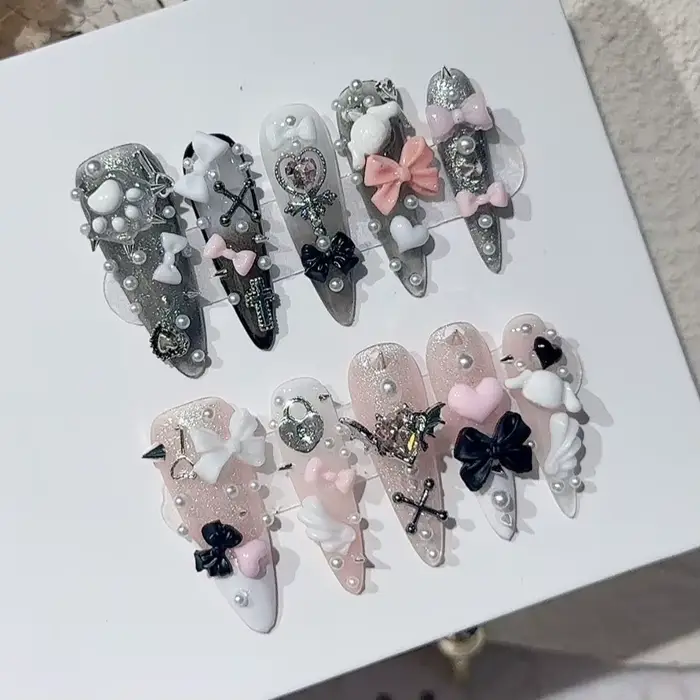 Jirai Y2K Spice Girl Black Pink Long Tip French Press On Nails Sweet Cool Menhera Nail Art 3D Bow Cr