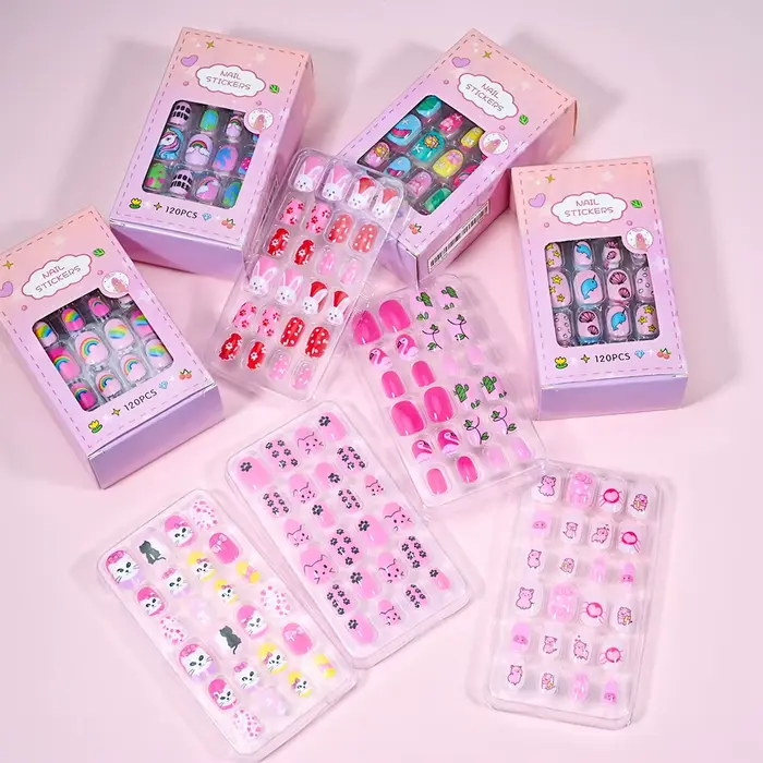 120 pièces/boîte rose dessin animé enfants presse sur ongles couleur bonbon licorne chat lapin enfan