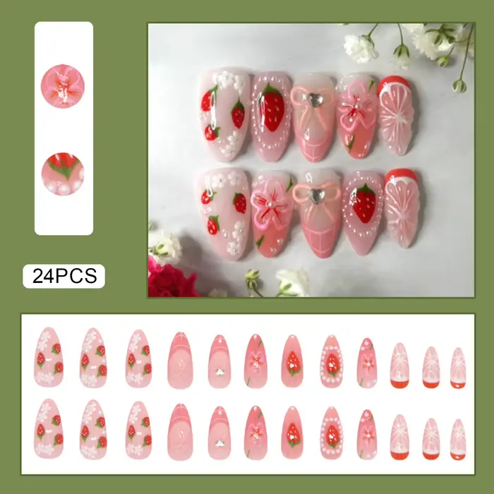 30 pièces fleurs rouges imprimé presse sur ongles français amande rose Blush faux