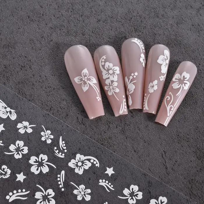 Autocollant en relief pour ongles, fleur d'hibiscus 5D, fleur en dentelle, pétale blanc rose, Floral