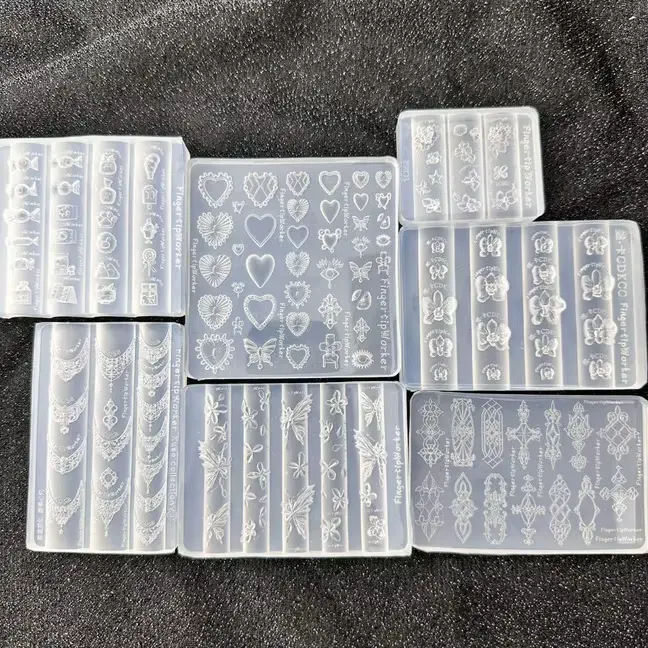 Moule à ongles en acrylique 3D transparent, motif Cœur Baroque, Collier Français, Papillon, Fleur, pour décoration d'ongles DIY et manucure