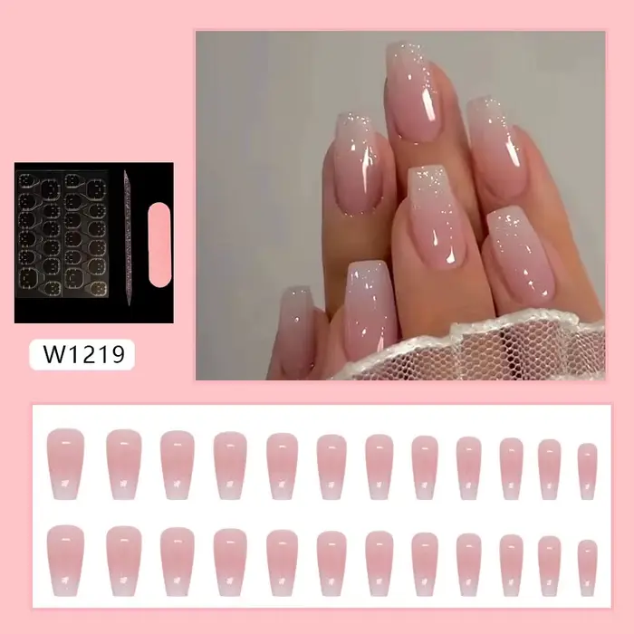 Faux ongles à presser de taille moyenne, style ballet, rose dégradé, pailletés, brillants, doux, amo