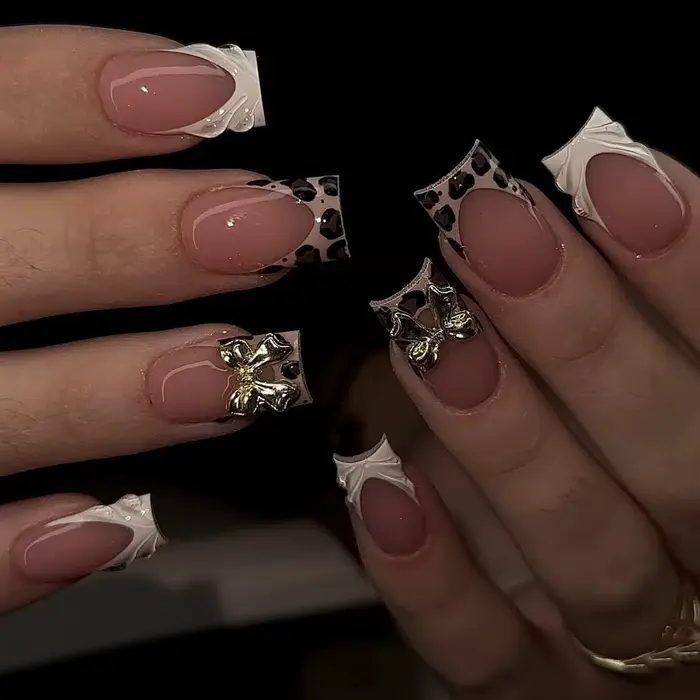 Faux ongles carrés moyens 3D pour femmes et filles, design léopard, fleur, nœud papillon, cadre fran