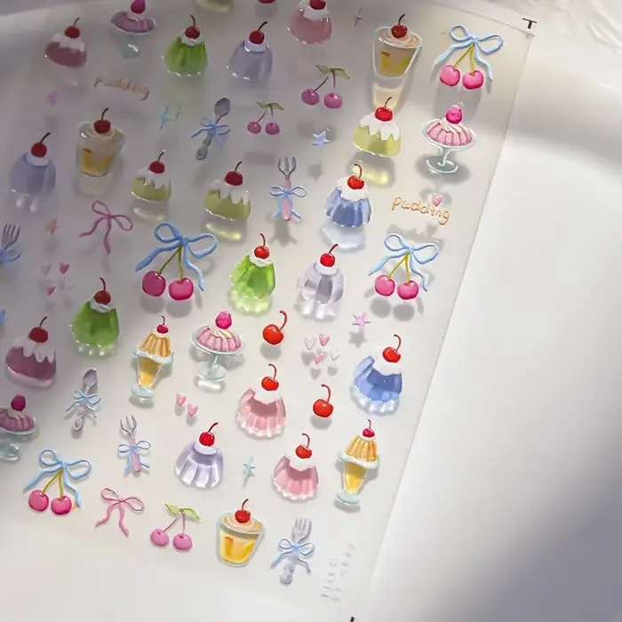 5D Pudding gelée Dessert fruits cerise rose griffe impression nœud papillon amour coeur étoiles Nail