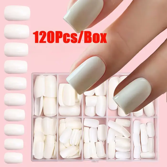 120 pièces/boîte blanc pur presse sur ongles 10 tailles court carré couverture complète faux
