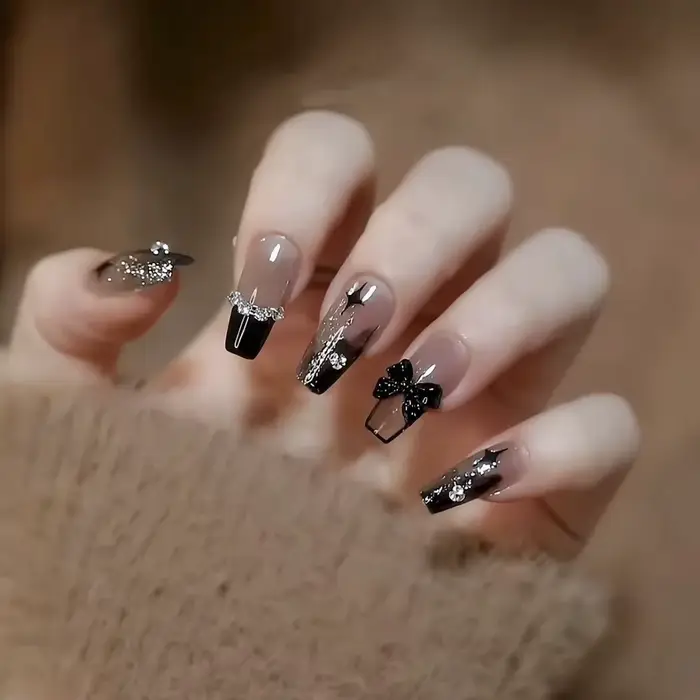 24 pièces/1 boîte vent foncé dégradé Long blanc arc ongles Patch faux ongles