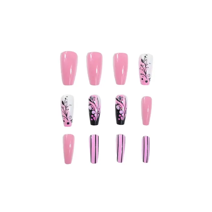 Un ensemble complet de 24 faux ongles longs de ballet conçus avec des morceaux d'ongles roses et des motifs de fleurs
