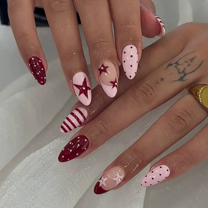 24 faux ongles charmants de la série coréenne, à pois, rayures bordeaux/rose, style français, faux o