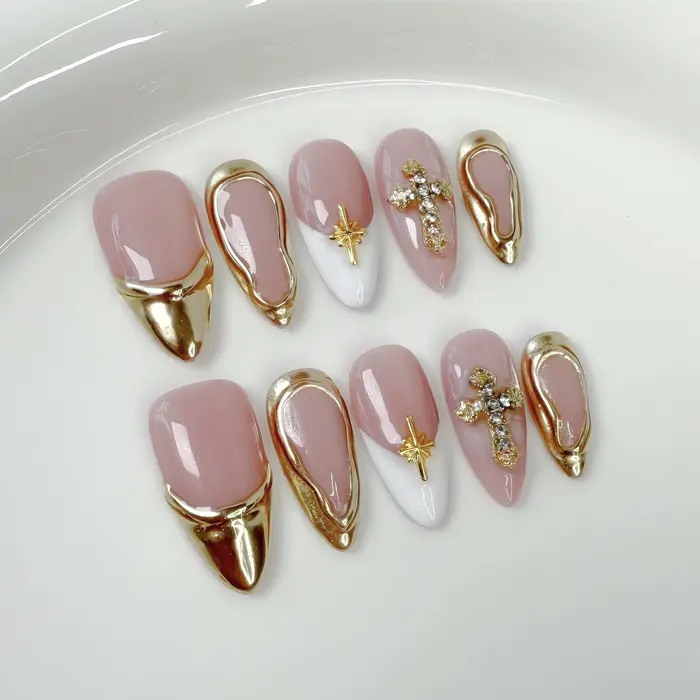 10 pièces mi-long amande Simple été faux ongles rose français presse