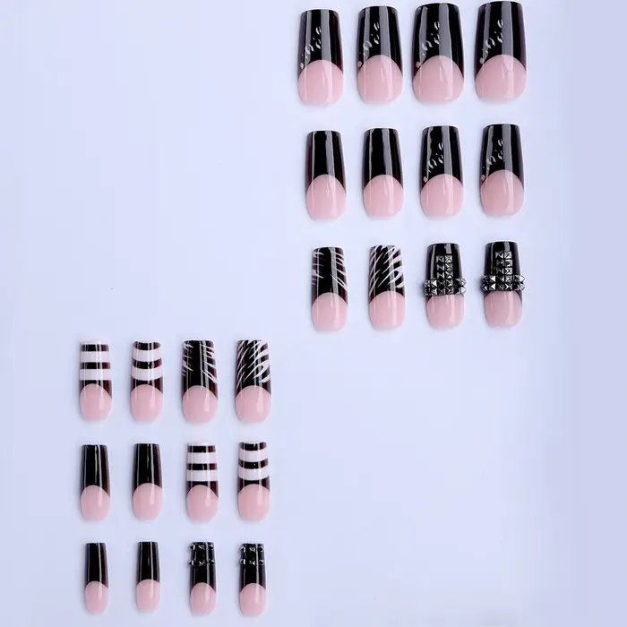24 faux ongles noirs style français à presser