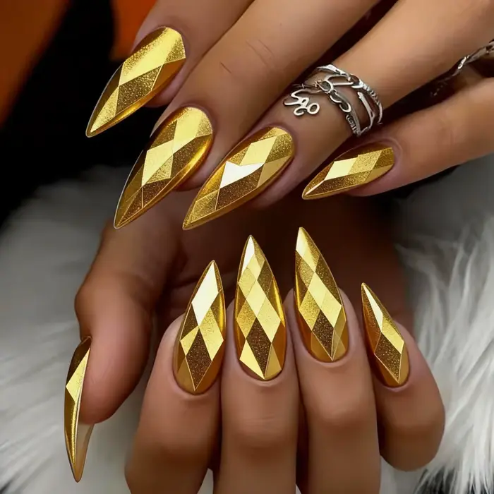 Faux ongles 3D holographiques plaqués, losange métallique brillant, rose, doré, jaune, argent, champ