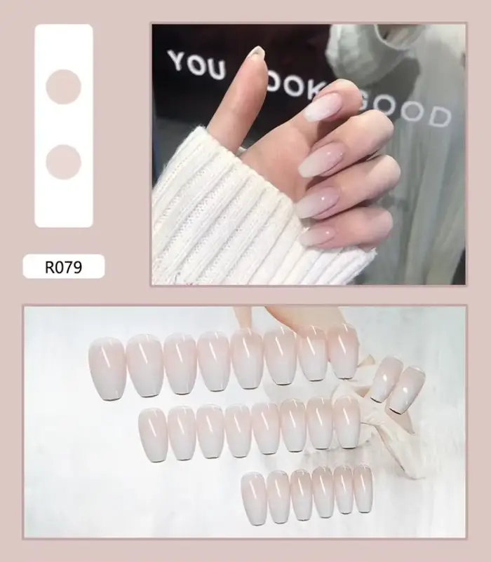 Lot de 24 faux ongles à presser, longueur moyenne, dégradé blanc nude, style simple pour fille, déco