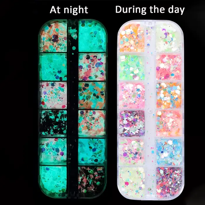 12 grilles brillent dans la nuit paillettes poudre à ongles caméléon lumineux hexagone