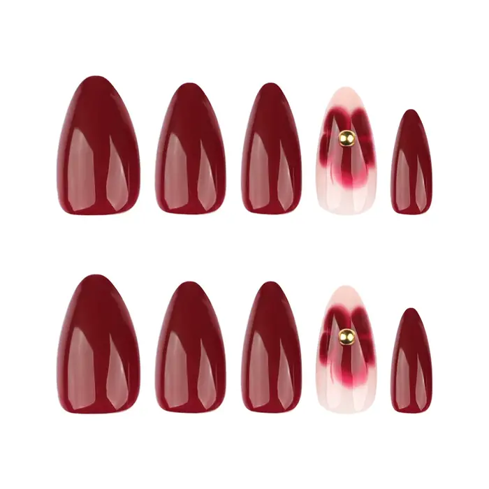 Ensemble d'ongles pour femmes, 24 pièces, en forme d'amande bordeaux, longueur moyenne, couleur unie