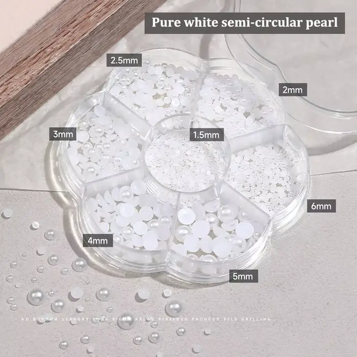 Décorations d'ongles en perles argentées et dorées à 7 compartiments, demi-rondes blanches à fond pl