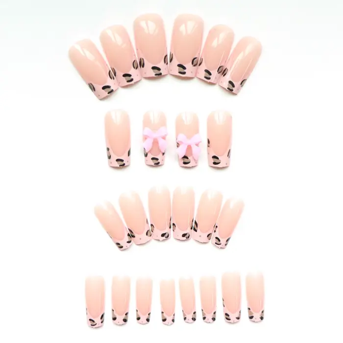 Ensemble d'ongles pour faux ongles, 24 pièces, améliorez votre Look avec un nœud imprimé léopard ros