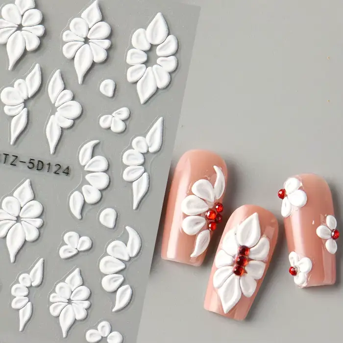 Autocollants pour ongles en forme de fleur en relief 5D, motifs élégants de pétales blancs, roses et