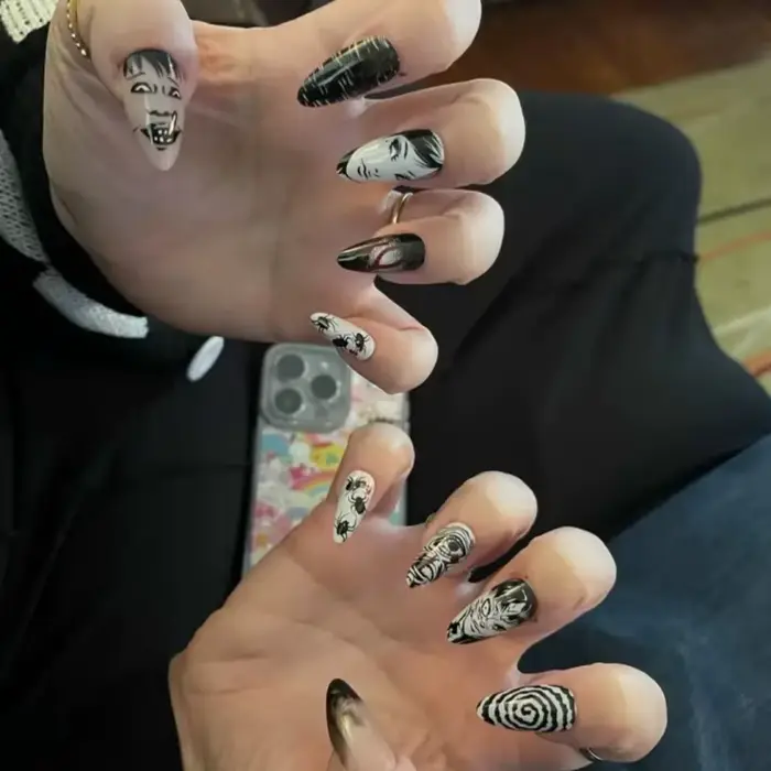 Tomie-Faux Ongles Noir Brcorporelle Réutilisables pour Fille, 24 Pièces, Anime Japonais, Horreur, Ba
