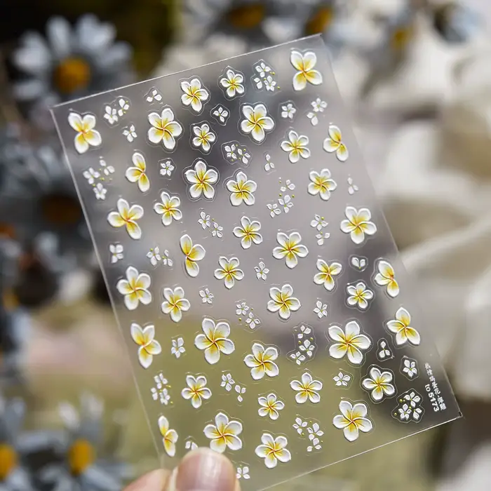 Autocollants 5D pour ongles motif fleur de frangipanier tropicale, jaune et blanc, en relief, décora