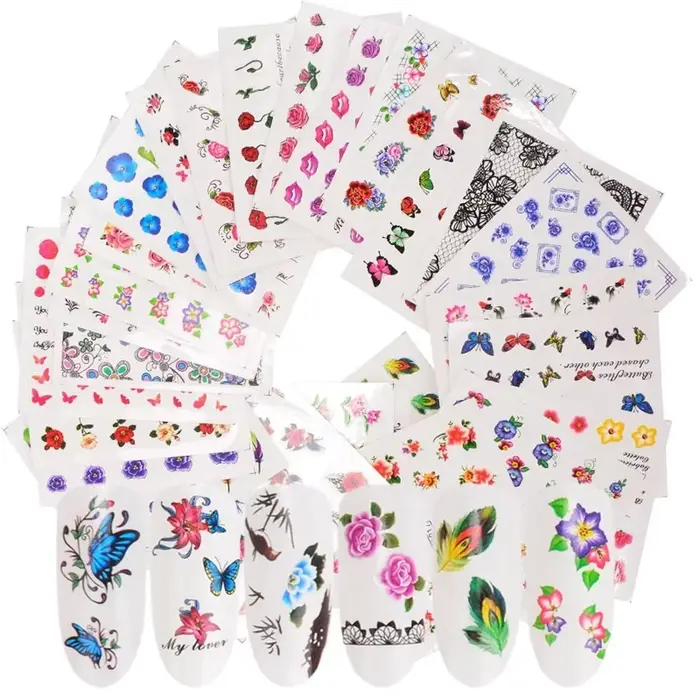 2 sets de 96 feuilles – Nouveaux designs – Autocollants floraux aquarelle pour ongles – Kit de décalcomanies pour manucure gel – Décorations aquatiques