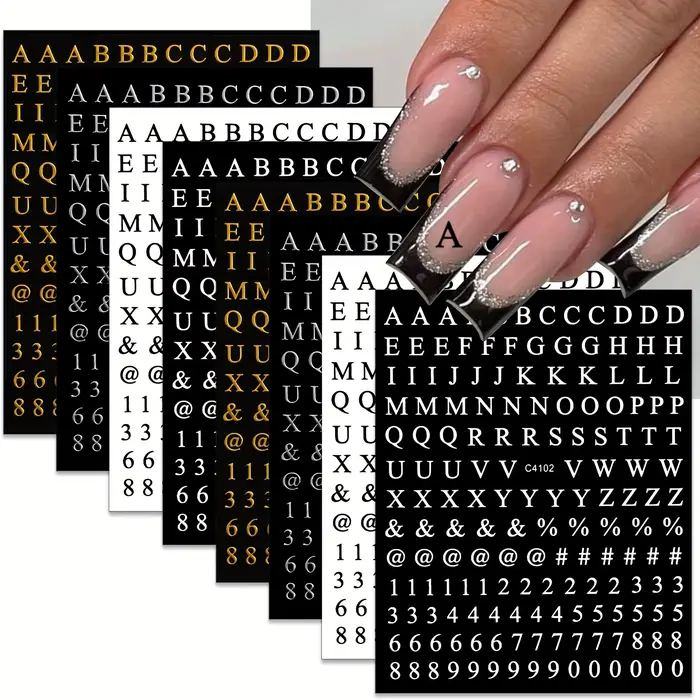 8 feuilles lettres Nail Art autocollants numéro ongles décalcomanies auto-adhésif luxe or argent ang