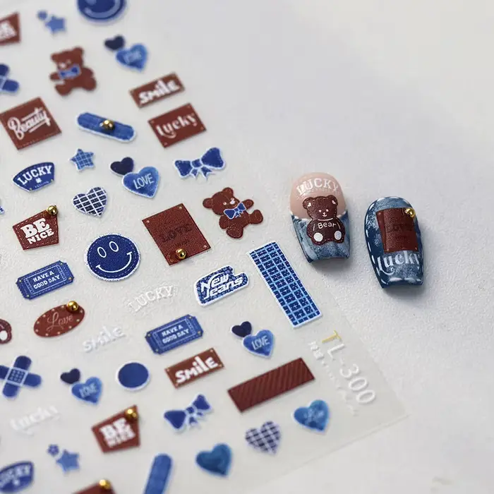 Autocollant pour Nail Art 5D en tissu Denim rétro, ruban rouge, nœud papillon, pomme, cœurs d'amour,