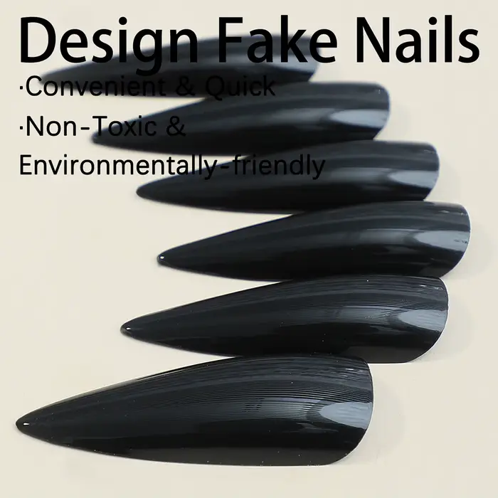 Patchs pour faux ongles longs et pointus, brillant, noir foncé, Cool, portable, à pression, couleur