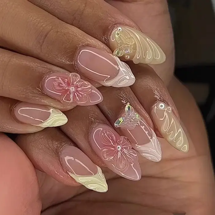 Faux ongles mi-longs avec fleurs 3D, 24 pièces, Design du bout des doigts, papillon doux, ondulation