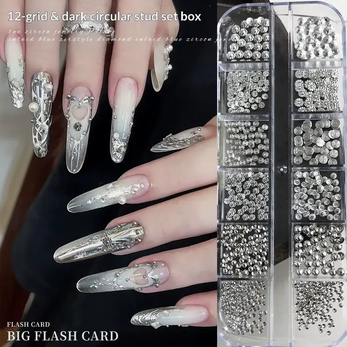 Nouveaux 12 compartiments de breloques et clous métalliques pour nail art