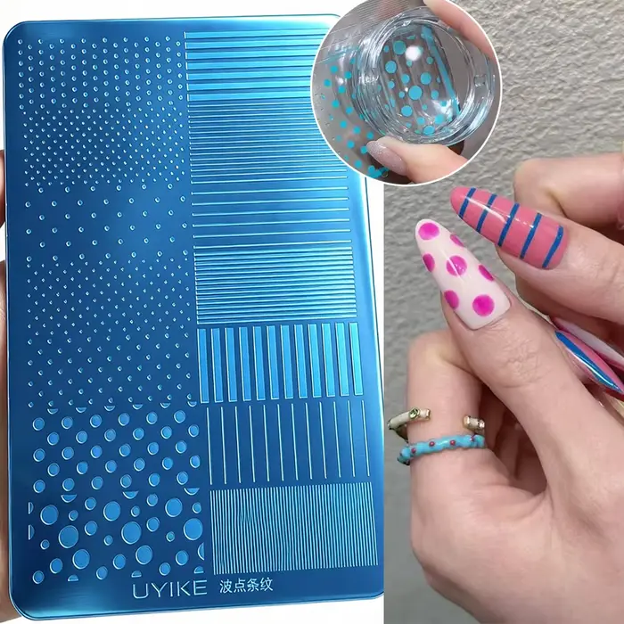Plaque de tamponnage pour ongles à pois et lignes rayées 14