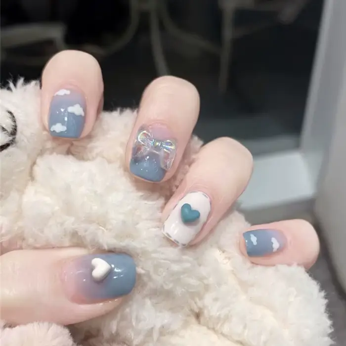 Faux ongles courts, carrés et ronds, à paillettes bleues, couverture complète, accessoires et outils