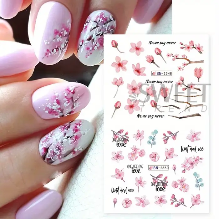12 pièces rose fleur de cerisier eau curseurs d'ongles hiver nouvel an Sakura feuilles florales autocollants bricolage charme accessoires manucure décor