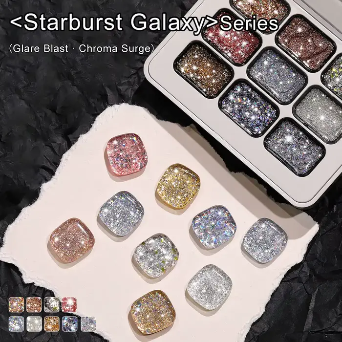 Lot de 9 couleurs – Série Galaxie Étoilée – Vernis à ongles semi-permanent en gel adhésif pailleté