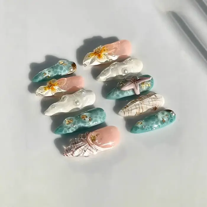 10 pièces presse à la main sur les ongles motif d'ondulation d'eau étoile de mer amande faux