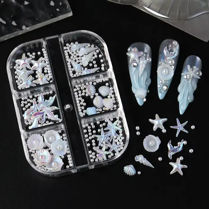 6 grilles de breloques pour ongles en forme de coquillages nacrés