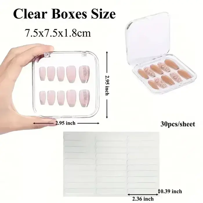 Boîtes acryliques de stockage d'ongles à pression, avec feuilles adhésives, boîtes transparentes pou