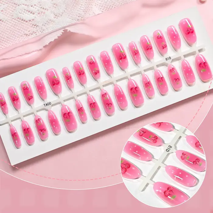 30 faux ongles à presser par feuille, motifs fruits d'été (amande, fraise, pêche, raisin, pomme) pou